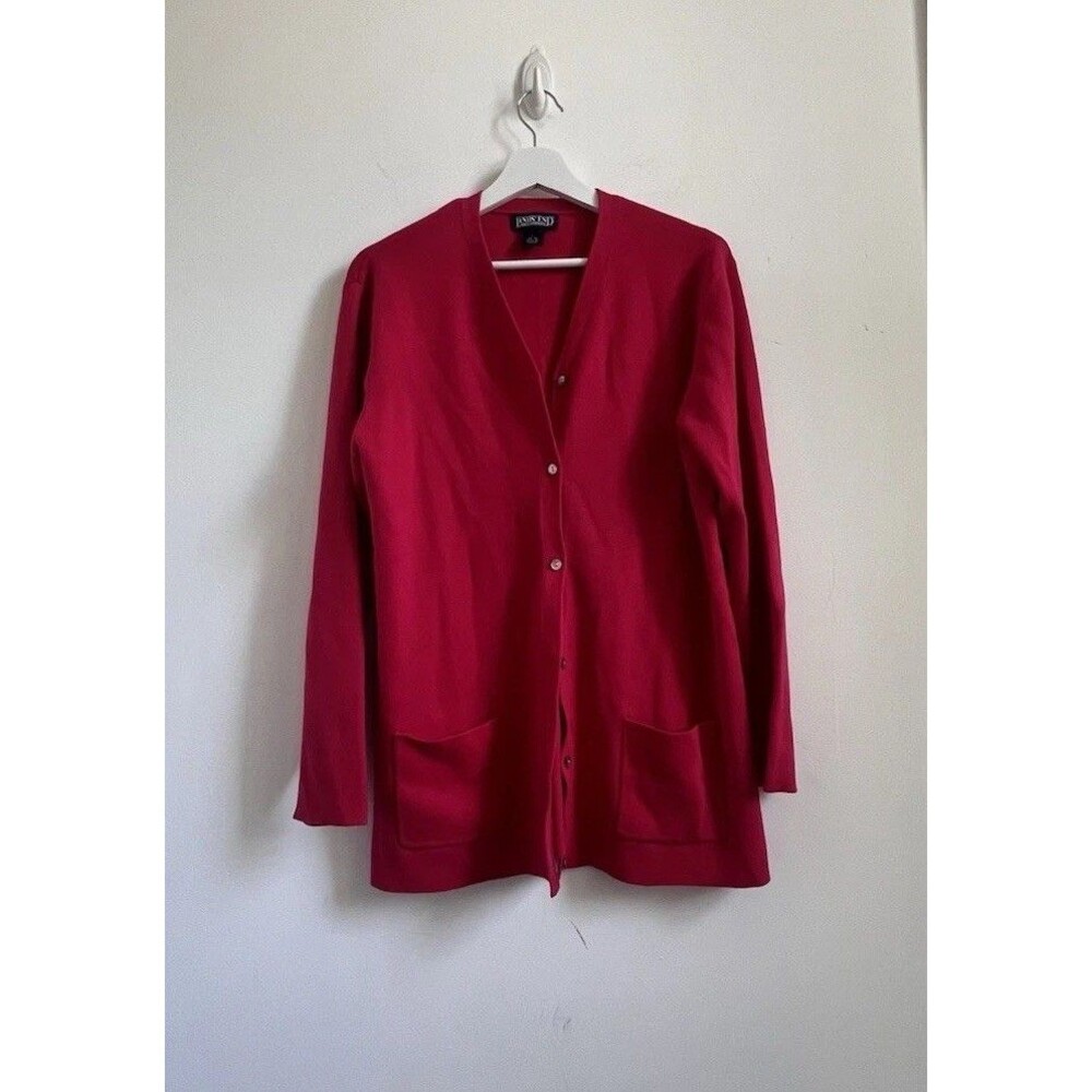 Lands End Red V-neck Knit Long Line Cardigan Women’s Size Large Boyfriend Office